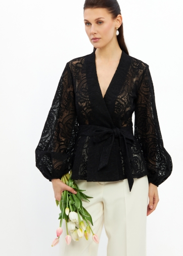 Блузка из кружева с баской и поясом OD-1033-2 черный