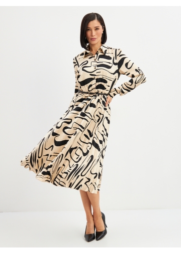 Платье с юбкой плиссе OD-883-3 бежевый с черными разводами