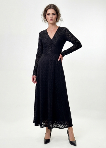 Платье из трикотажного кружева на подкладке с V-образным вырезом, черный, с фестонами