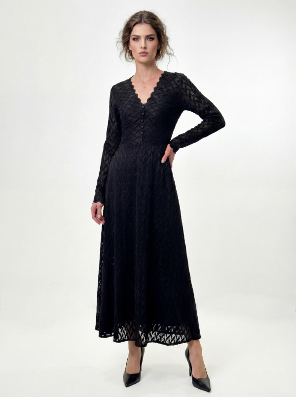 Платье из трикотажного кружева на подкладке с V-образным вырезом, черный, с фестонами
