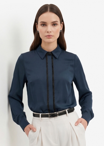 Блуза с узкой бисерной тесьмой OD-1016-1 темно-синий
