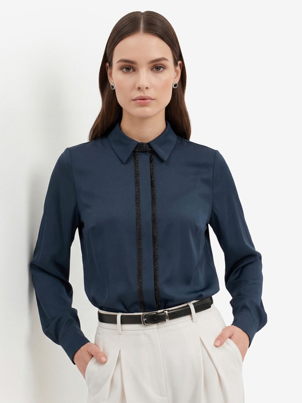 Блуза с узкой бисерной тесьмой OD-1016-1 темно-синий