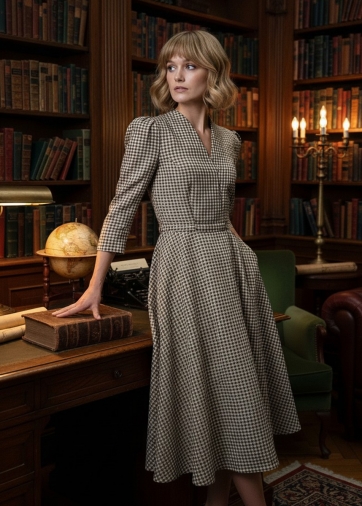 Платье с воротником стойка  OD-885-2 клетка сливочно-коричневая