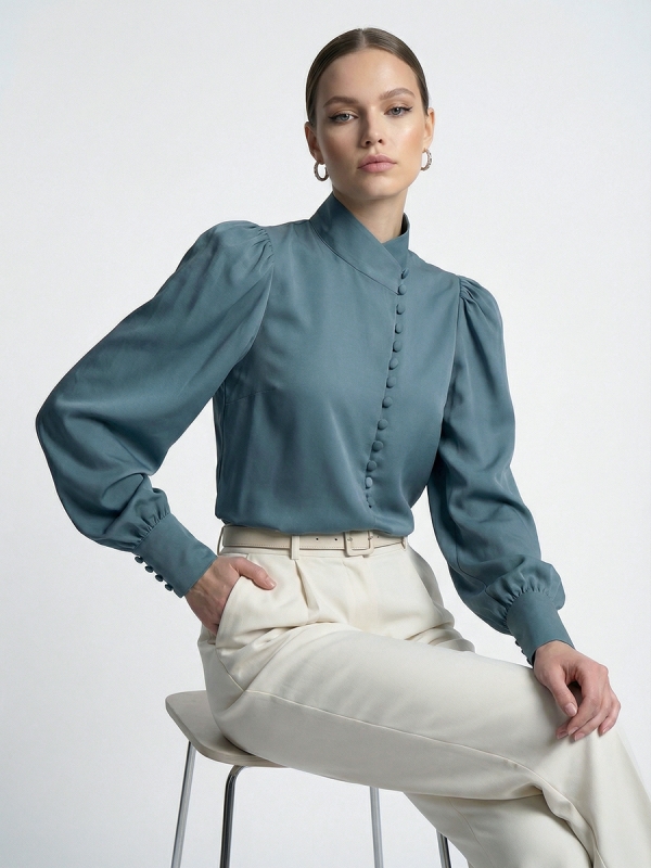 Блуза-косоворотка много пуговиц OD-550-14 серо-зеленый-голубой (морская волна)