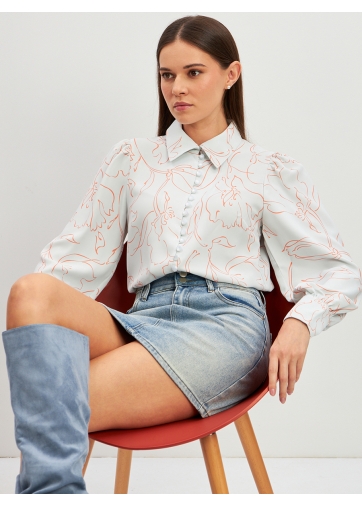 Блузка с принтом OD-639-26 голубая оранжевый цветок